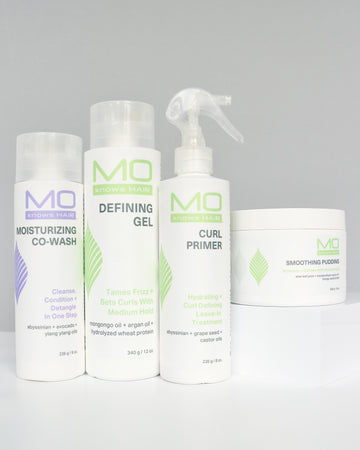 MoKnowsHair Refresh and Style bundle with moisturizing co-wash, curl primer, smoothing pudding and defining gel on gray background