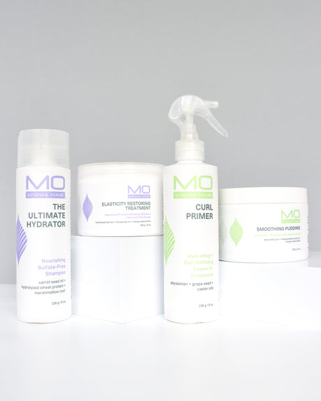 MoKnowsHair Twist out bundle with ultimate hydrator, elasticity restoring treatment, curl primer and smoothing pudding on gray background