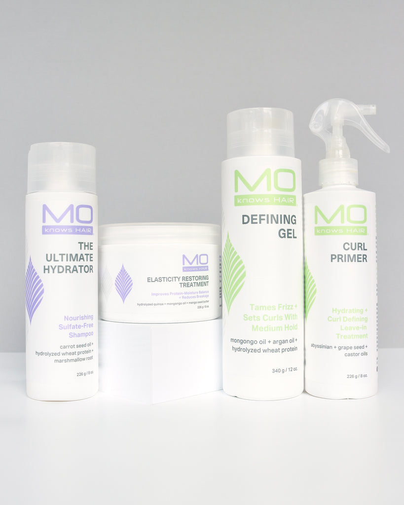 MoKnowsHair wash-n-go bundle with elasticity restoring treatment, ultimate hydrator, curl primer and defining gel on gray background